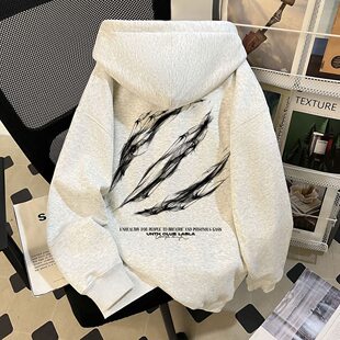 美式嘻哈秋冬加绒加厚连帽卫衣男女潮牌爪痕印花宽松情侣外套上衣