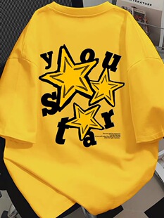 美式炸街星星印花T恤夏季男女款情侣装纯棉短袖黄色时尚学生上衣