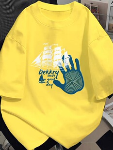 美式复古创意手掌印花T恤夏季男女款情侣装纯棉短袖黄色宽松上衣