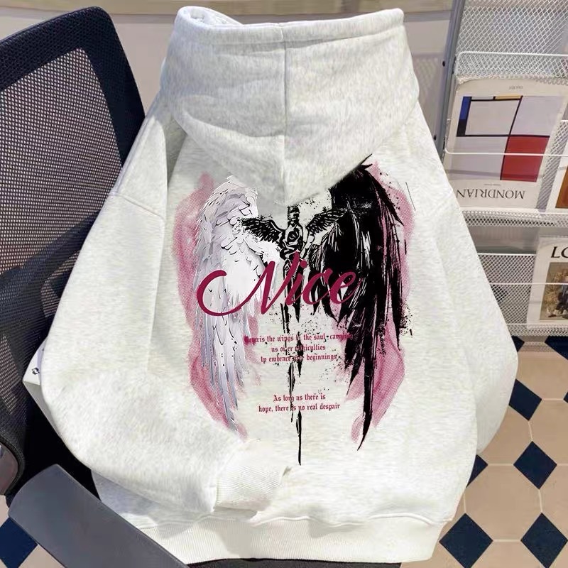 美式复古潮牌连帽卫衣男女秋冬季翅膀之剑印花宽松加绒加厚外套潮