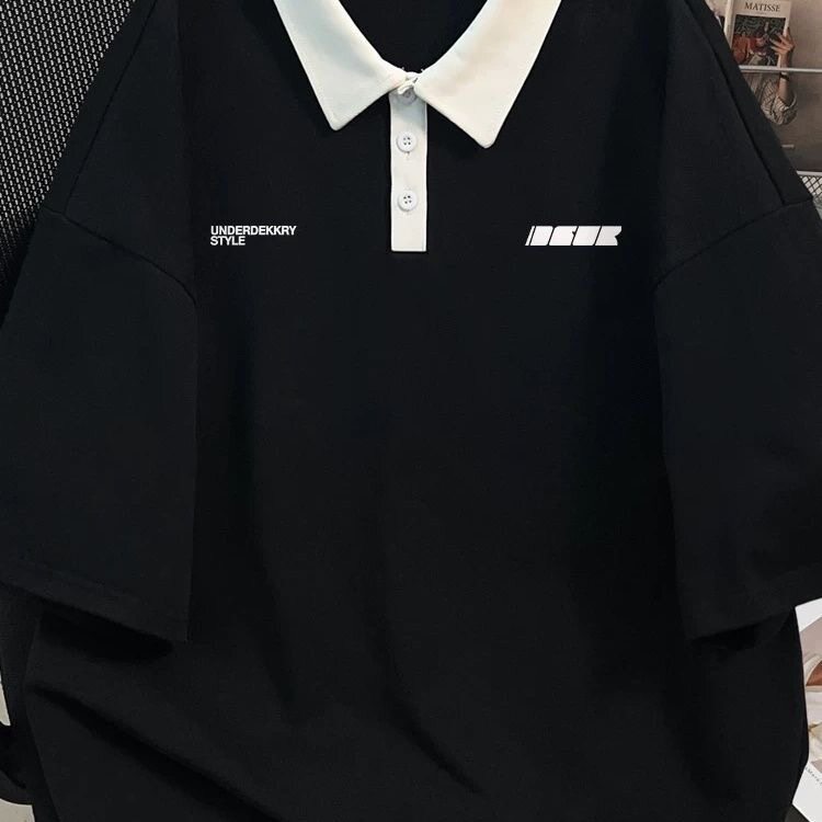 美式翻领T恤纯棉小众短袖POLO衫男女款夏季拼色高级感ins半袖上衣