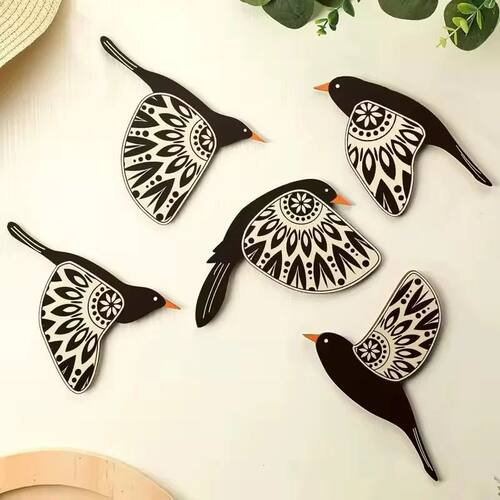 5pcs Wooden Black Bird Wall Decor Art Vintage Gothic Home De