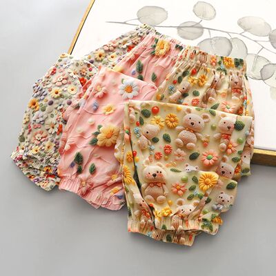 Summer Sweet Girls Flowers Pants Kids Casual Print Retractab