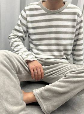 New Autumn Winter Gray Striped Pajamas Set for Men's Warm So