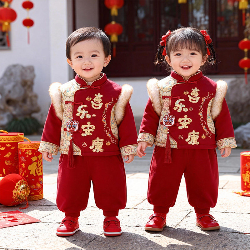 拜年服男童周岁男宝礼服加绒加厚棉衣套装儿童唐装女宝宝喜庆新年