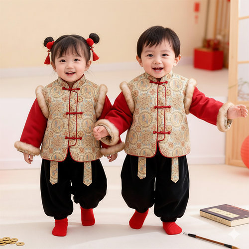 拜年服男童加棉加厚中式唐装周岁男宝礼服女宝抓周衣服儿童新年装