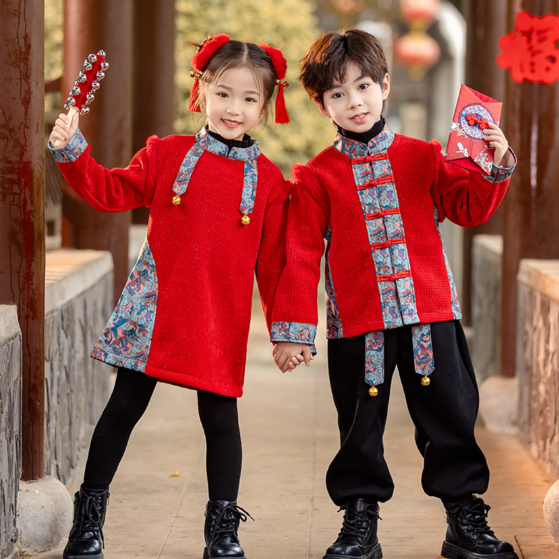 拜年服女童旗袍红色加绒男童新中式汉服套装元旦儿童演出服姐弟装