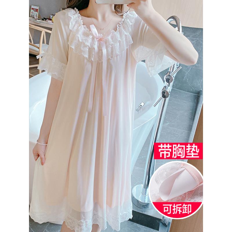 女子夏季冰丝绸模态蕾丝网甜美宫殿仙女公主风格睡衣与乳房垫