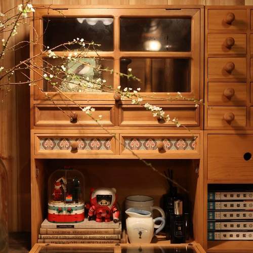 叁杉家居书桌抽屉式玻璃门柜收纳柜香水化妆品覆古桌面木质收纳盒