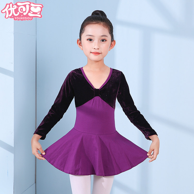 舞蹈服儿童女秋冬连体中国舞练功服紫色丝绒跳舞裙幼儿芭蕾舞服装
