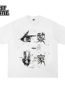 八黎四家 恶搞 bootleg 短袖T恤 污渍 做旧图案 纯棉 小领口 重磅