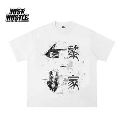 八黎四家 恶搞 bootleg 短袖T恤 污渍 做旧图案 纯棉 小领口 重磅
