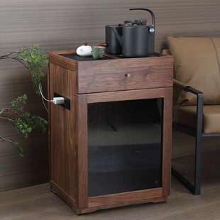 北美黑胡桃移动茶桌茶水柜沙发边几茶台烧水壶一体茶吧机实木茶台