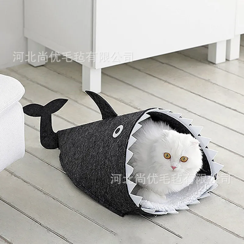 毛毡猫洞猫床鲨鱼设计款式便捷式宠物屋保暖睡窝可拆洗重复使用