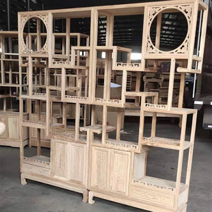 博古架中式仿古老榆木多宝阁白茬实木古董架展示架茶叶架白胚白坯