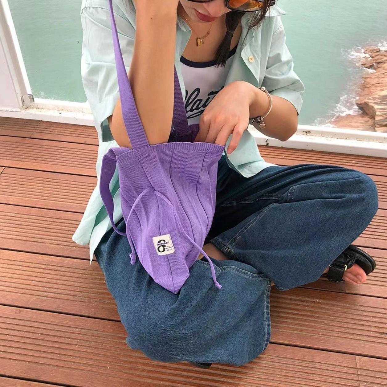 韩版ins风 拼接褶皱折叠针织单肩包复女生大容量购袋风琴包.