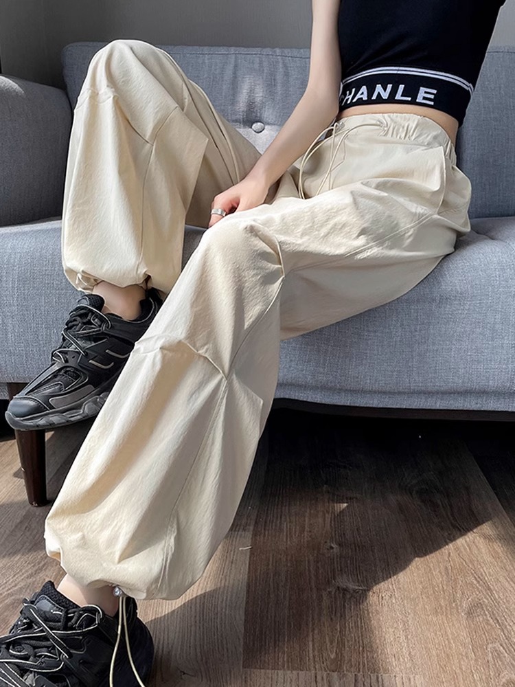 速干工装裤女夏季薄款2025新款高腰直筒冰丝阔腿裤束脚运动裤子女