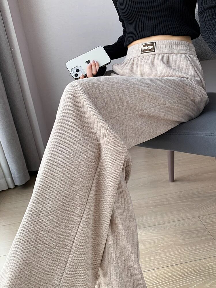 针织阔腿裤女秋冬季2025新款拖地松紧腰显瘦窄版休闲直筒裤子女潮