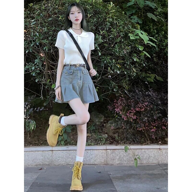 夏季套装女牛仔短裙女2025新款半身裙冰丝短袖T恤女上衣两件套女