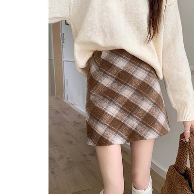 咖色毛呢格子短裙女秋冬季2025新款覆古美式高腰包臀A字半身裙子