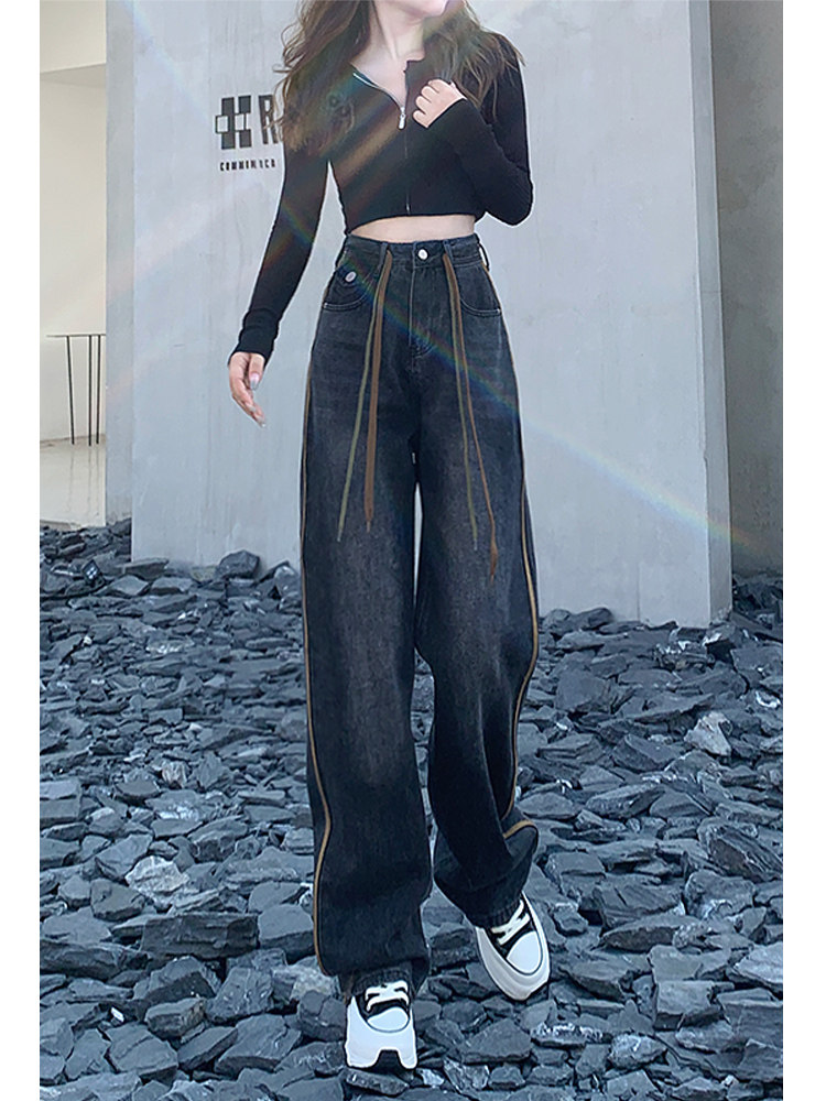 撞色阔腿牛仔裤女秋冬加绒2025新款时尚百搭高腰显瘦直筒裤子女潮