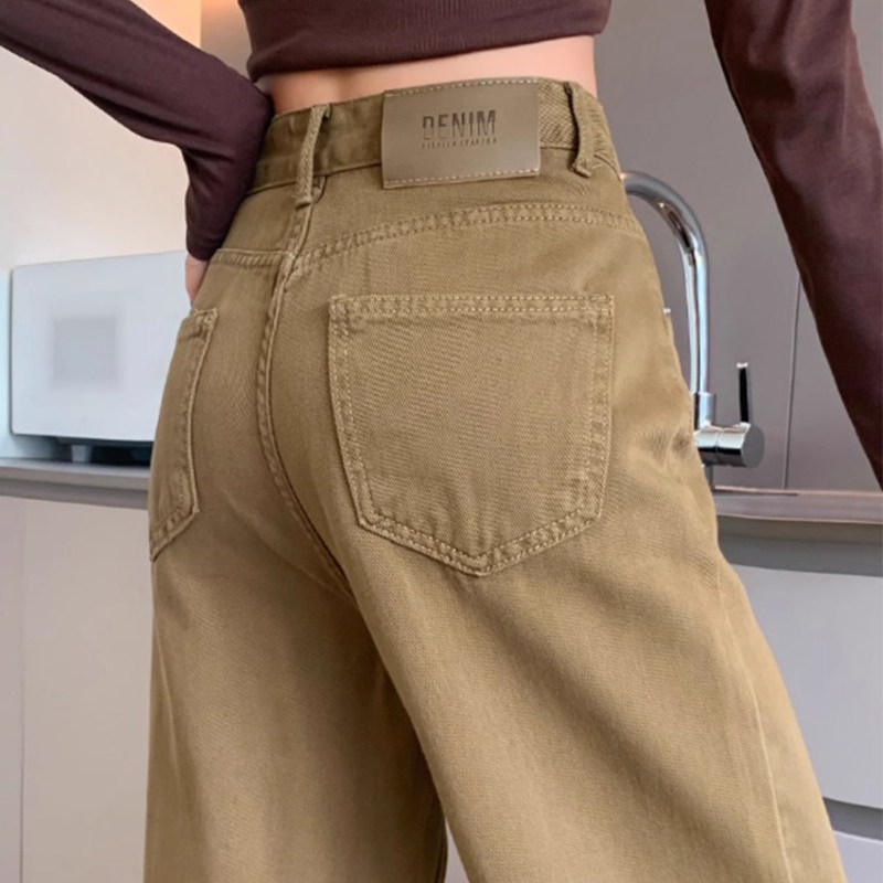卡其绿阔腿牛仔裤女春秋2025新款高级感垂感覆古高腰显瘦直筒裤子