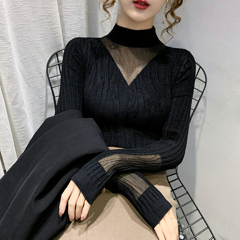 蕾丝针织打底衫女内搭春秋冬2025新款黑色半高领毛衣长袖修身上衣