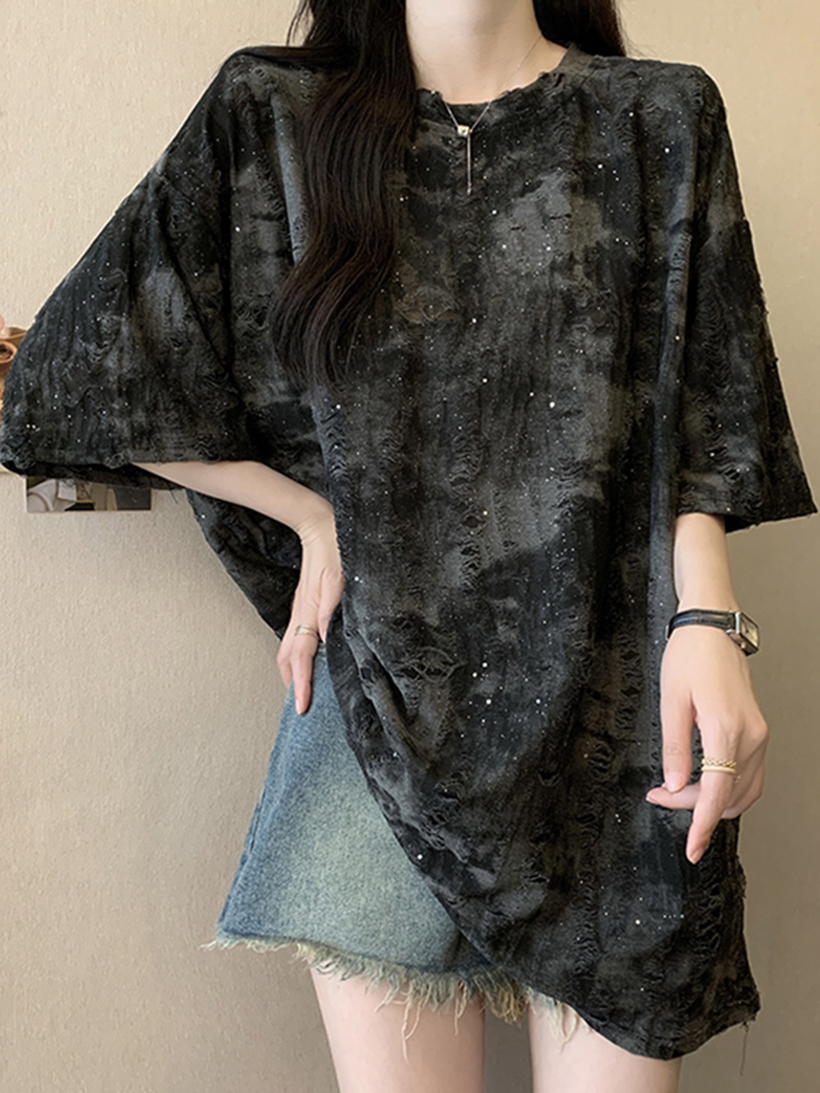 扎染中长款短袖T恤女夏2025新款大版下装消失卫衣遮屁股半袖上衣