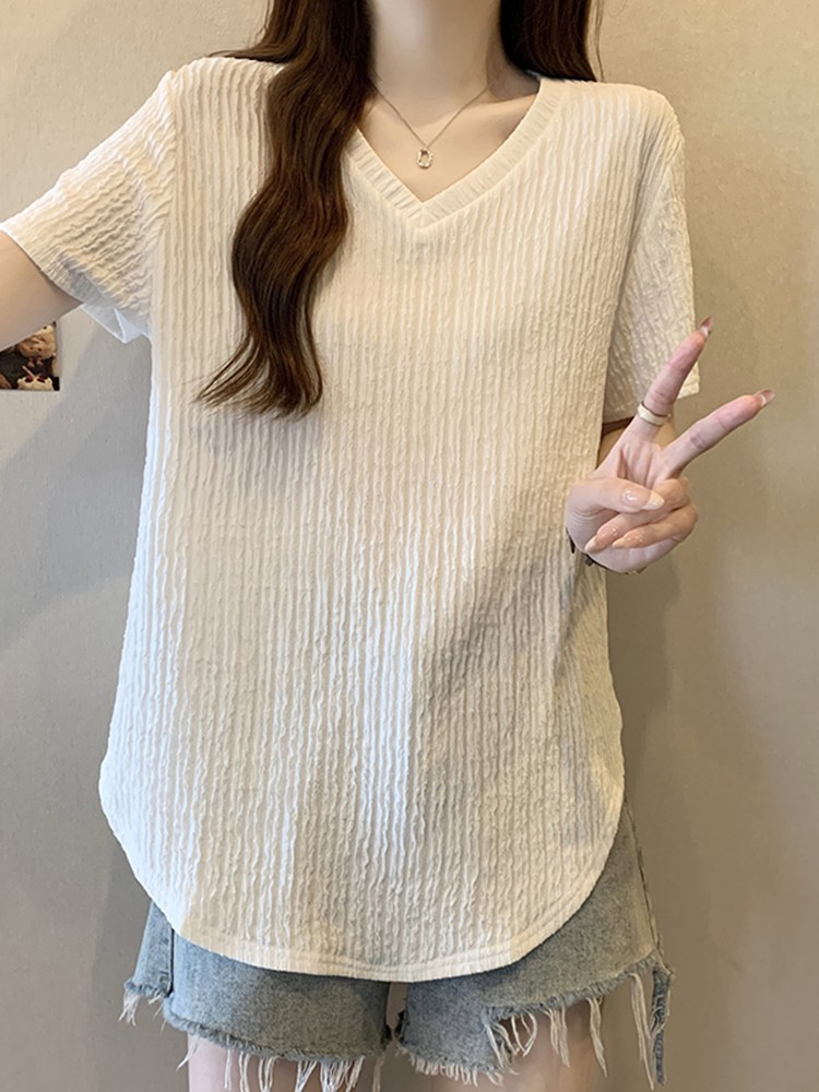 冰丝v领短袖t恤女夏季2025新款大码肌理感不规则正肩中长款上衣女
