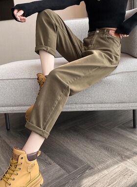 军绿色牛仔裤女春秋时尚2025新款宽松高腰显瘦哈伦九分老爹裤子女