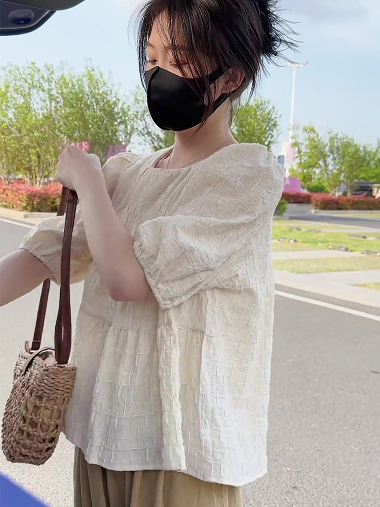 雪纺衫女短袖t恤女夏季2025新款时尚娃娃衫宽松显瘦泡泡袖上衣女