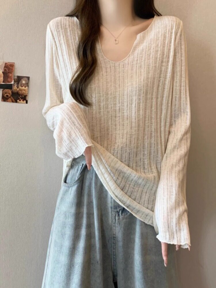 冰丝针织防晒衣罩衫女2025年新款夏季薄款长袖T恤女大码胖mm上衣