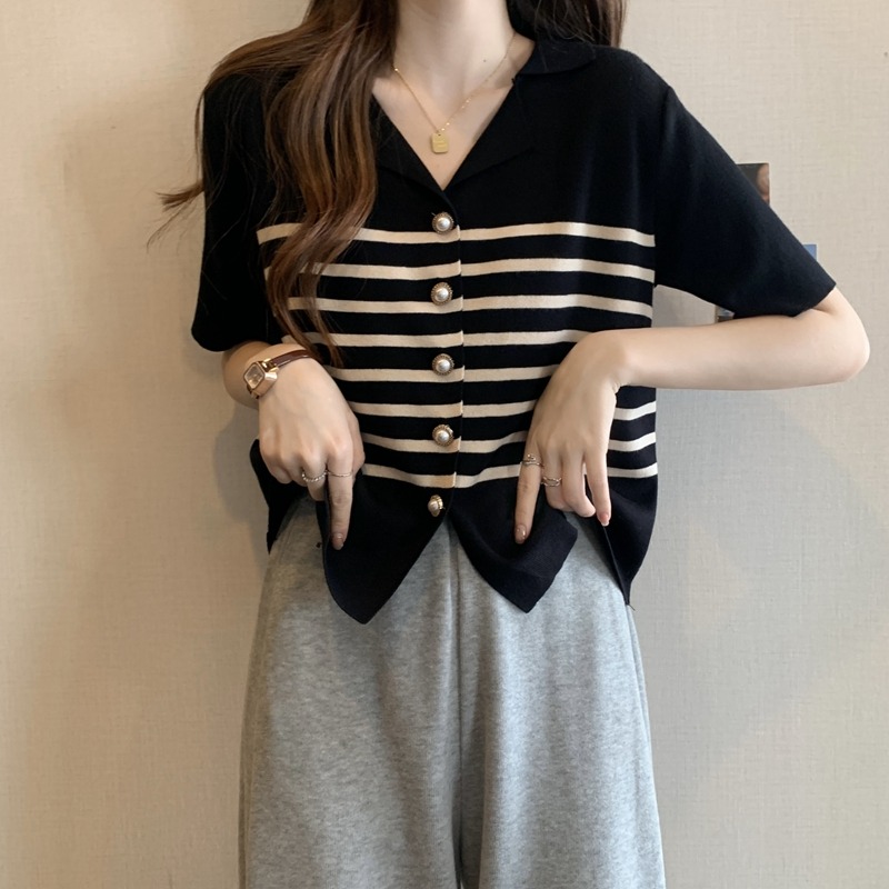 条纹冰丝短袖T恤女夏季2025新款韩版大码宽松显瘦V领针织开衫上衣