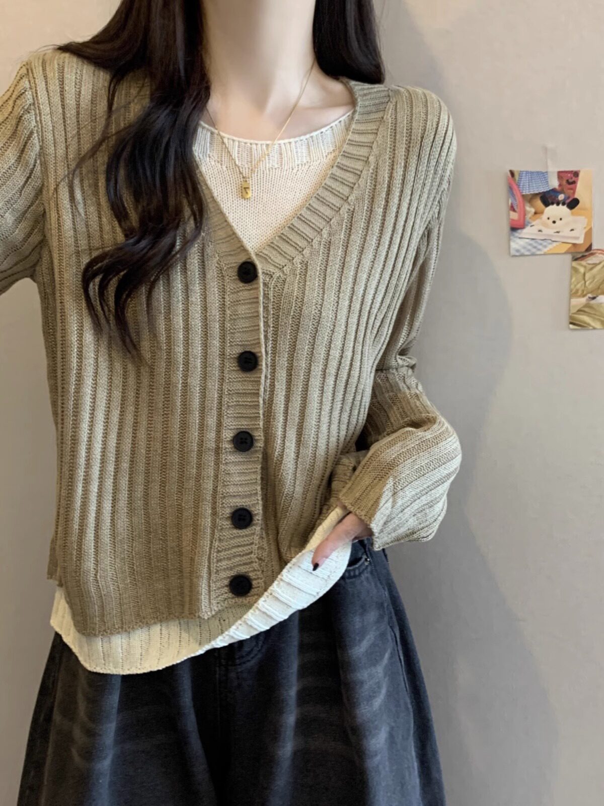 假两件针织衫女春秋2025新款大尺码宽松显瘦长袖毛衣打底衫内搭上