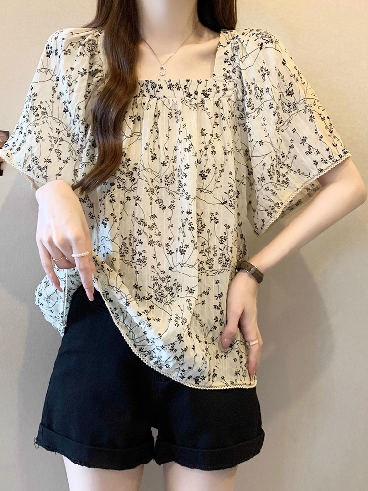 碎花雪纺衬衫女短袖t恤女夏季2025新款大码宽松法式娃娃衫上衣女