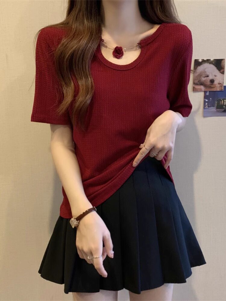 右肩u领冰丝短袖女式t恤2025夏季新款大尺寸设计上衣与美丽优雅的