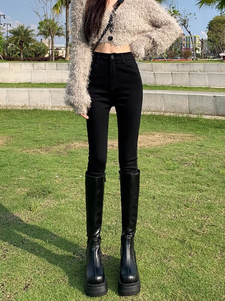 黑色小脚牛仔裤女秋冬加绒2025新款小个子高腰紧身弹力修身铅笔裤