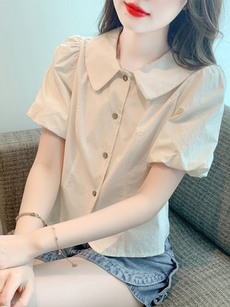 雪纺衬衫女夏短袖t恤女2022新款设计感小众洋气娃娃领短款上衣女