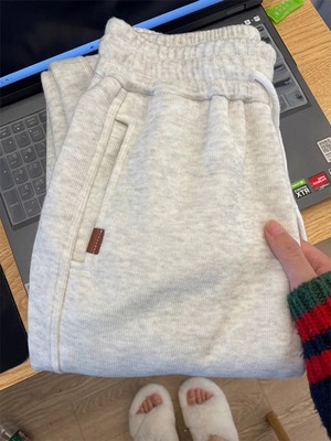 灰色加绒加厚束脚卫裤女秋冬季2025新款小个子阔腿休闲哈伦运动裤