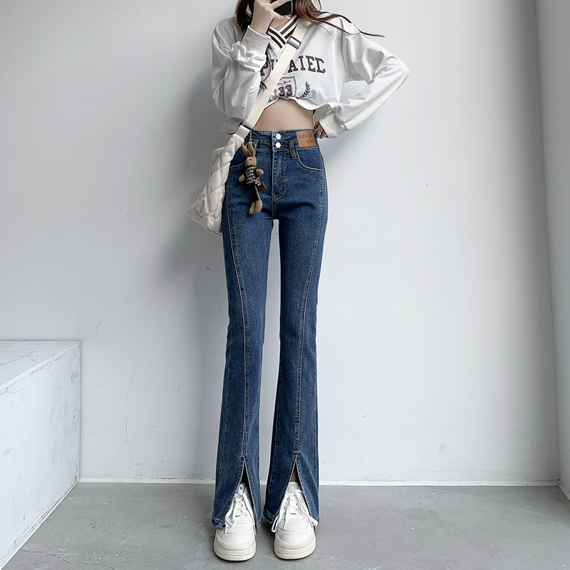 高腰微喇叭牛仔裤女春秋2025新款显瘦小个子阔腿开叉拖地裤子女潮
