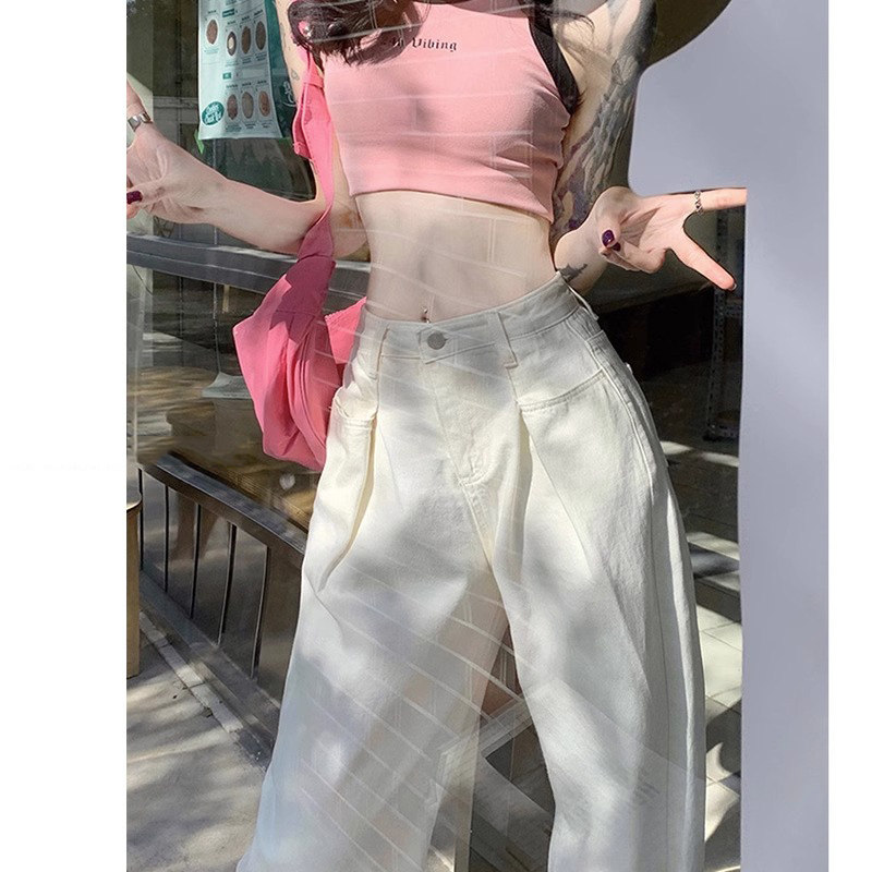 白色阔腿牛仔裤女春秋薄款2025新款高腰显瘦小个子直筒拖地裤子女
