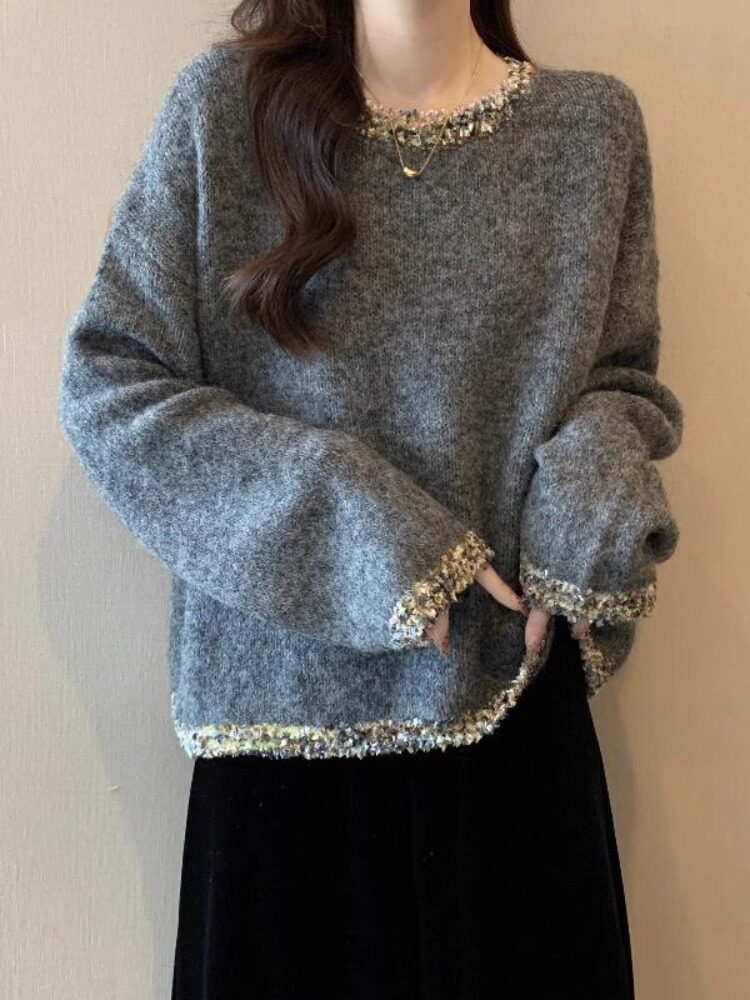 灰色小香风亮片毛衣女秋冬2025新款大码亮闪闪针织衫打底衫上衣女