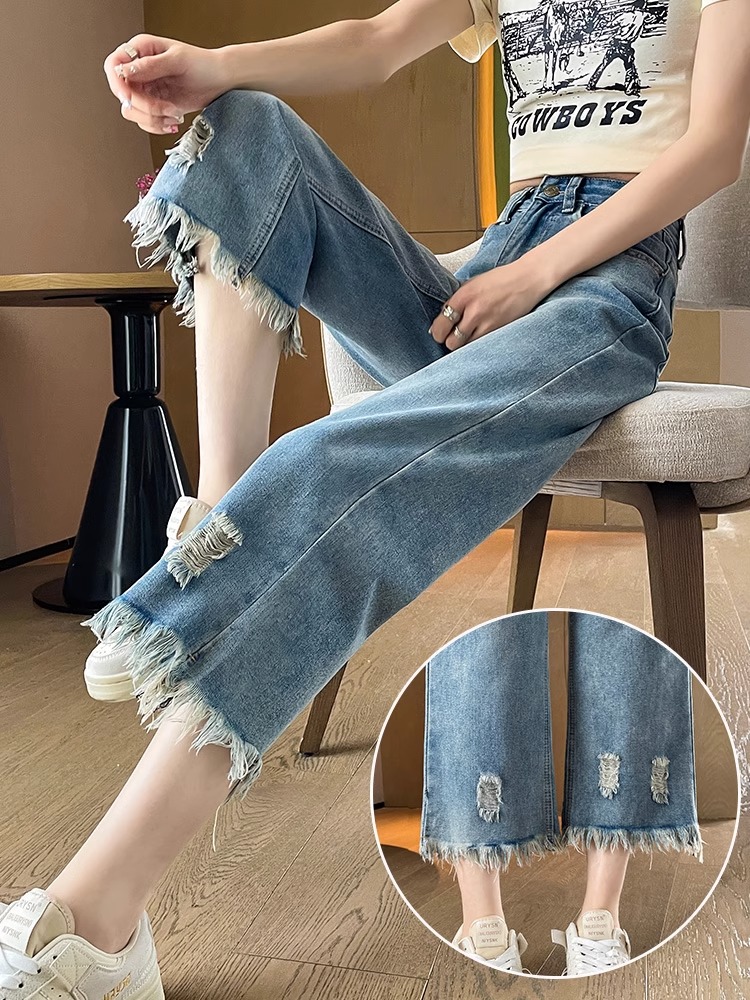 破洞牛仔裤女夏季薄款2025新款高腰小个子九分流苏直筒阔腿裤子女