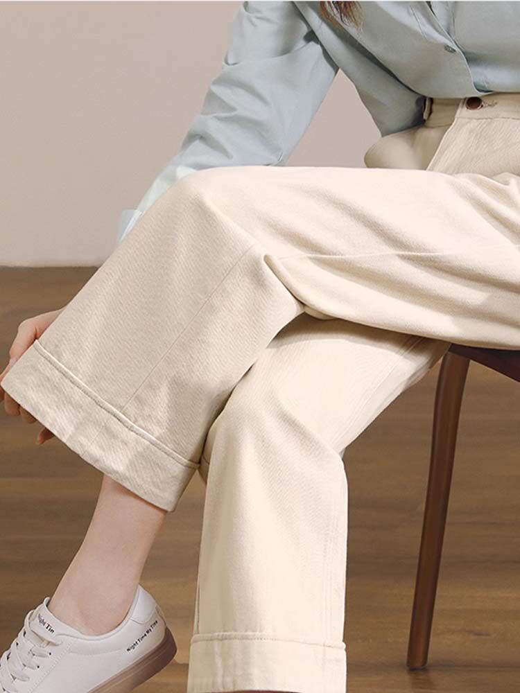 白色阔腿牛仔裤女春秋2025年新款小个子高腰宽松九分窄版直筒裤子