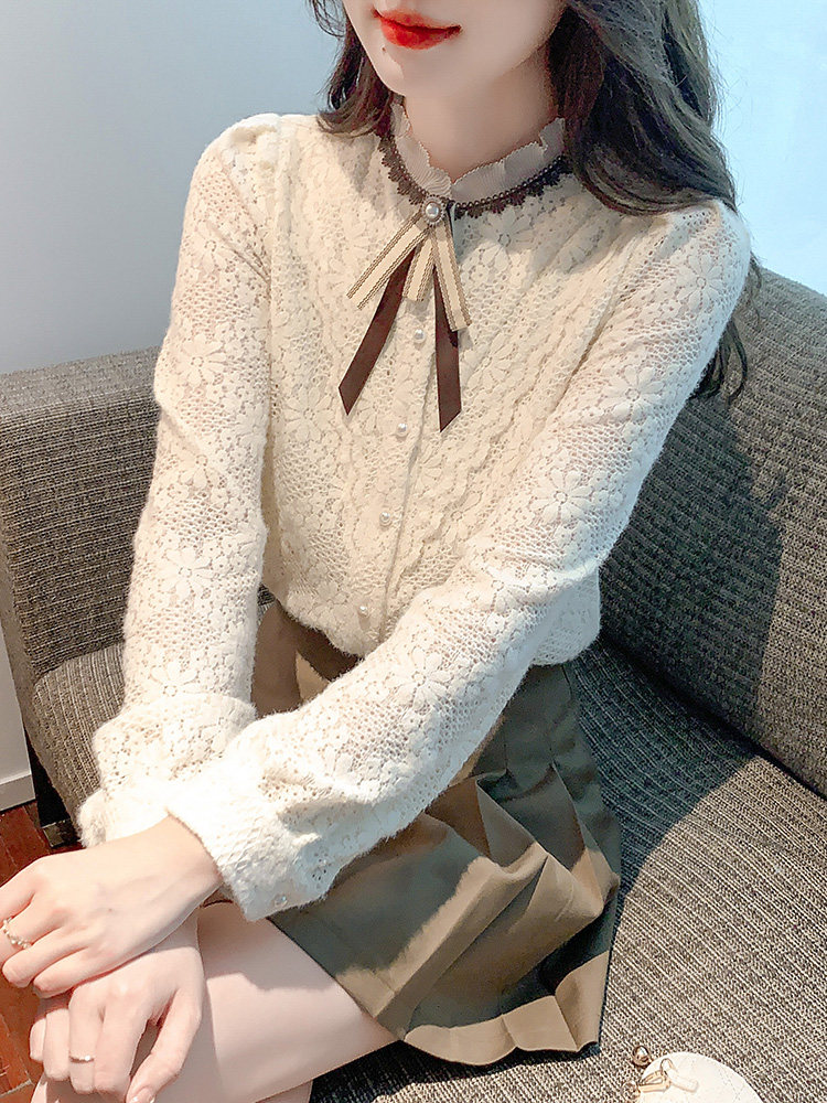 蕾丝打底衫女内搭2025年春秋新款洋气衬衫气质蝴蝶结加厚上衣女潮