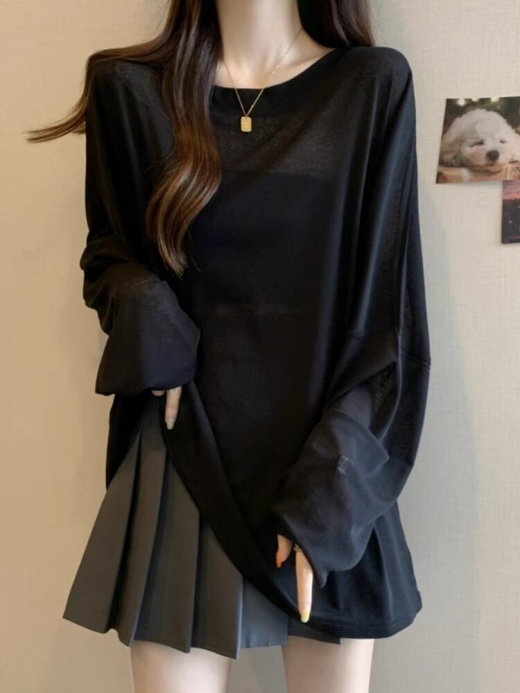 中长长袖t恤的妇女夏季瘦2025新大尺寸宽松的防晒衬衫黑色冰丝绸
