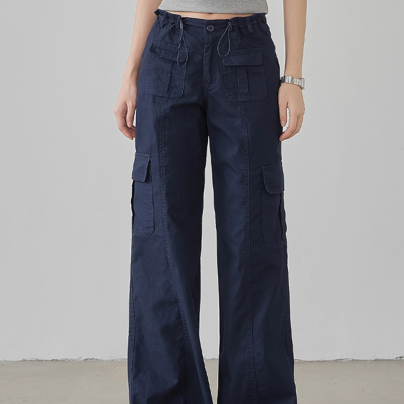 藏青色多口袋工装裤女夏季薄款2025新款美式覆古直筒休闲长裤子女