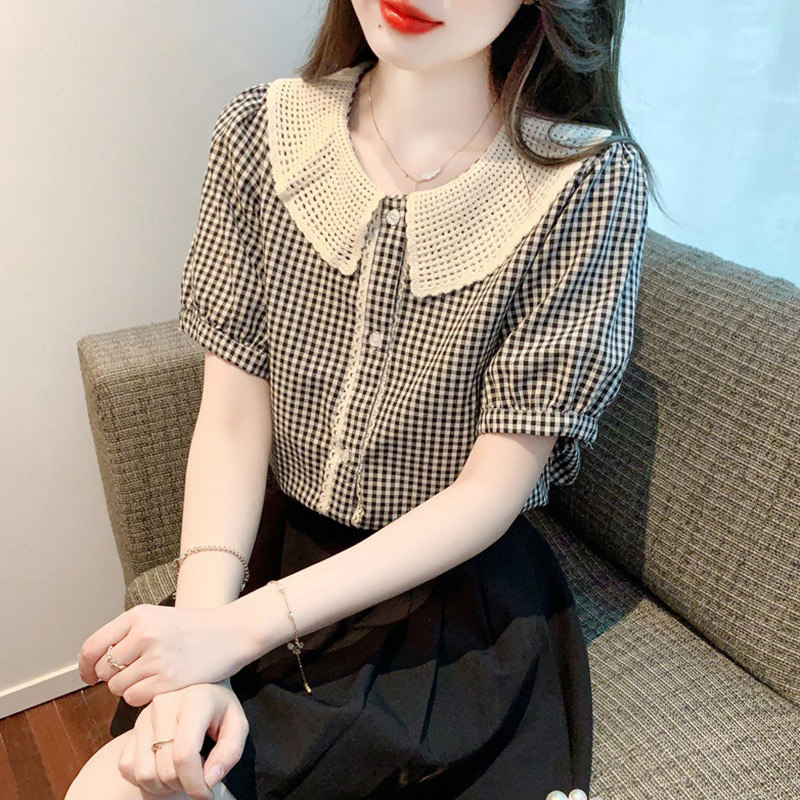 格子娃娃领雪纺衫女夏季2025新款泡泡袖衬衫设计感小众百搭上衣女