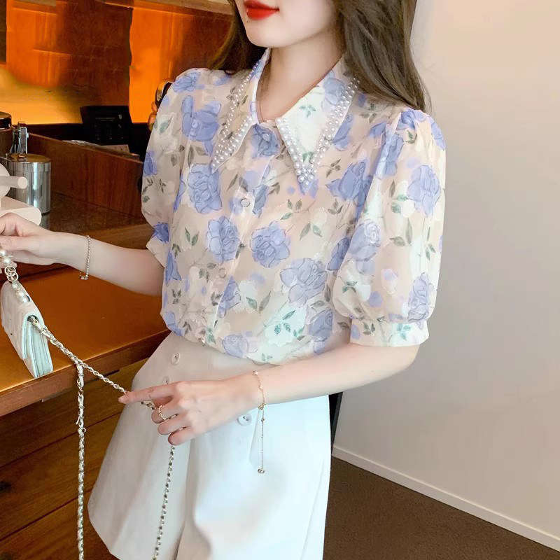 碎花衬衫女短袖夏季2026新款气质甜美时尚显瘦钉珠尖领雪纺上衣潮
