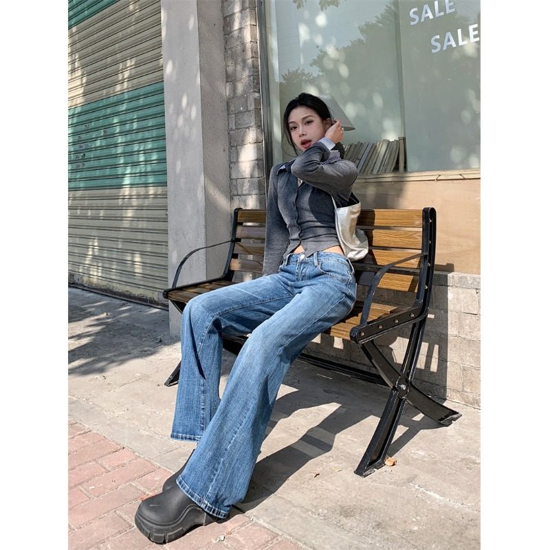深蓝色微喇牛仔裤女春秋2025新款宽松显瘦小个子百搭阔腿喇叭裤子